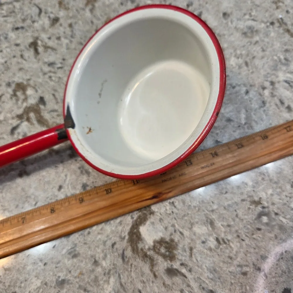 Vintage Enamelware Water Dipper Ladle White Red Rim Farmhouse Primitive 13.5
